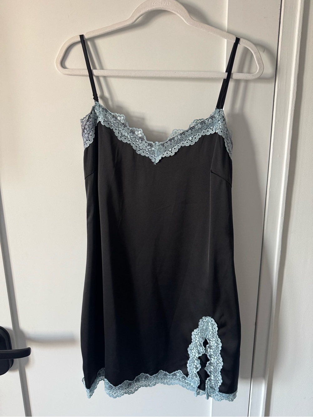 Motel Rocks Black Slip Dress with Light Blue Lace Trim